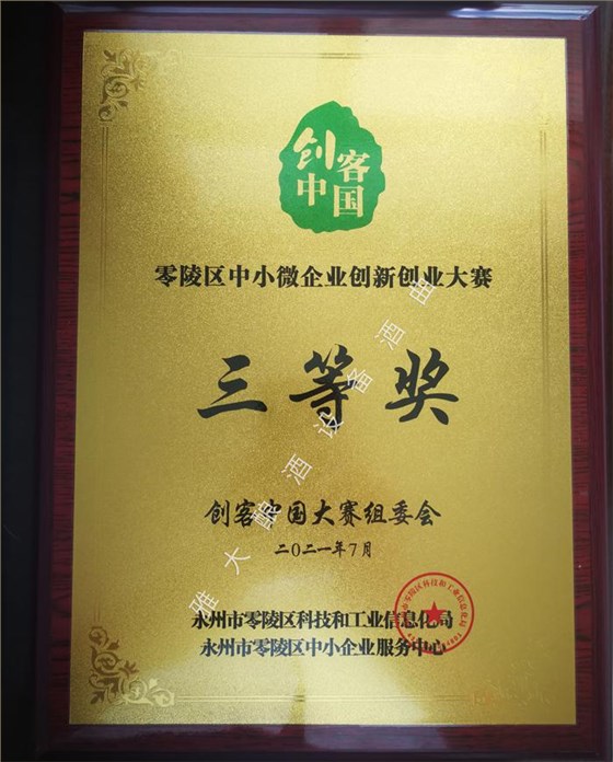 雅大榮獲2021年“創(chuàng)客中國(guó)”零陵區(qū)中小微企業(yè)創(chuàng)新創(chuàng)業(yè)大賽三等獎(jiǎng) 1 雅大榮獲2021年“創(chuàng)客中國(guó)”零陵區(qū)中小微企業(yè)創(chuàng)新創(chuàng)業(yè)大賽三等獎(jiǎng) 1